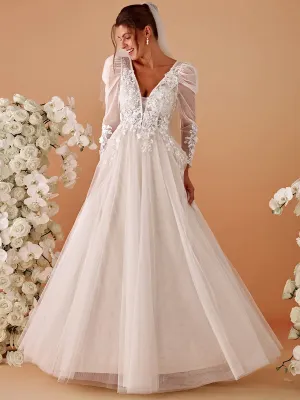 V Neck Leg of Mutton Sleeves Applique See-Through Wedding Dress