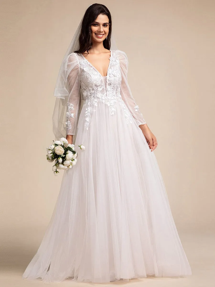 V Neck Leg of Mutton Sleeves Applique See-Through Wedding Dress