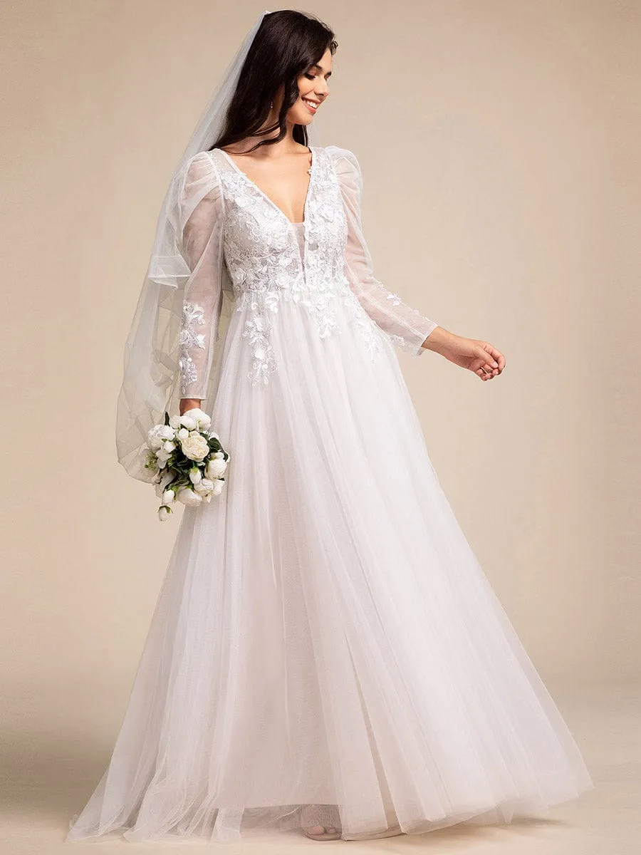 V Neck Leg of Mutton Sleeves Applique See-Through Wedding Dress