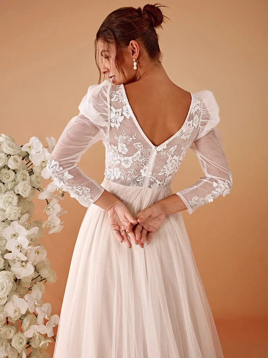 V Neck Leg of Mutton Sleeves Applique See-Through Wedding Dress