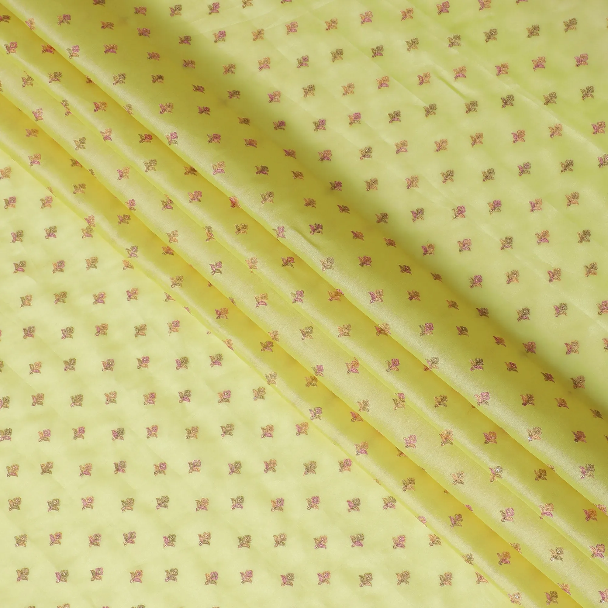 Vibrant Lemon Yellow Tussar Silk Fabric with Tiny Butterfly Motifs, 110cm Width-D18969