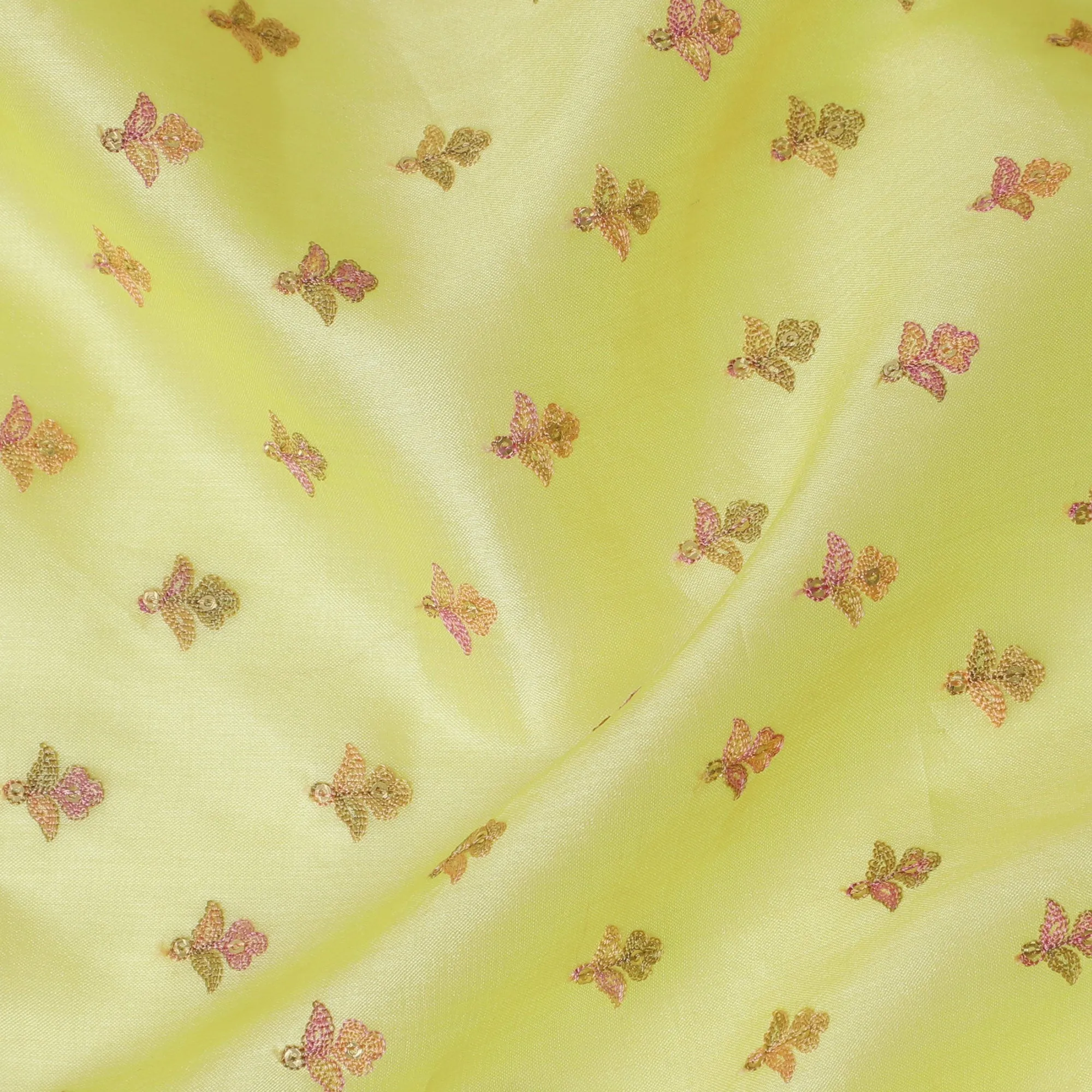 Vibrant Lemon Yellow Tussar Silk Fabric with Tiny Butterfly Motifs, 110cm Width-D18969