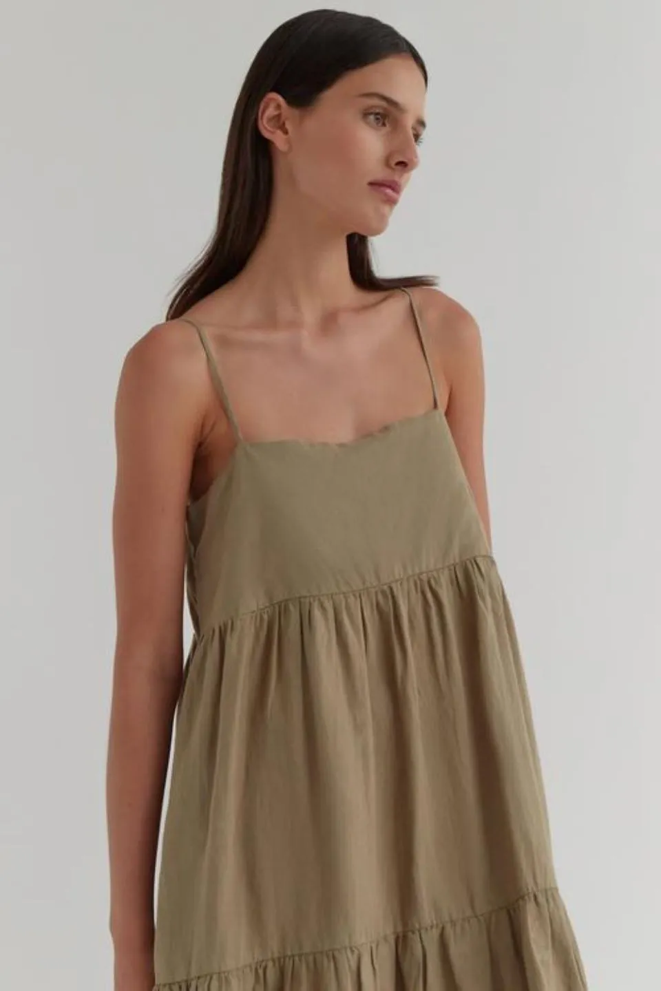 Willow Olive Strappy Tiered Midi Linen Dress