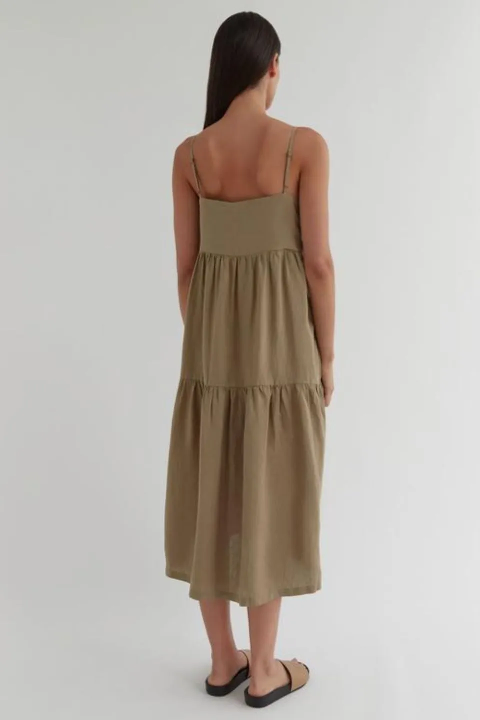 Willow Olive Strappy Tiered Midi Linen Dress