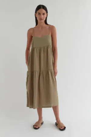 Willow Olive Strappy Tiered Midi Linen Dress