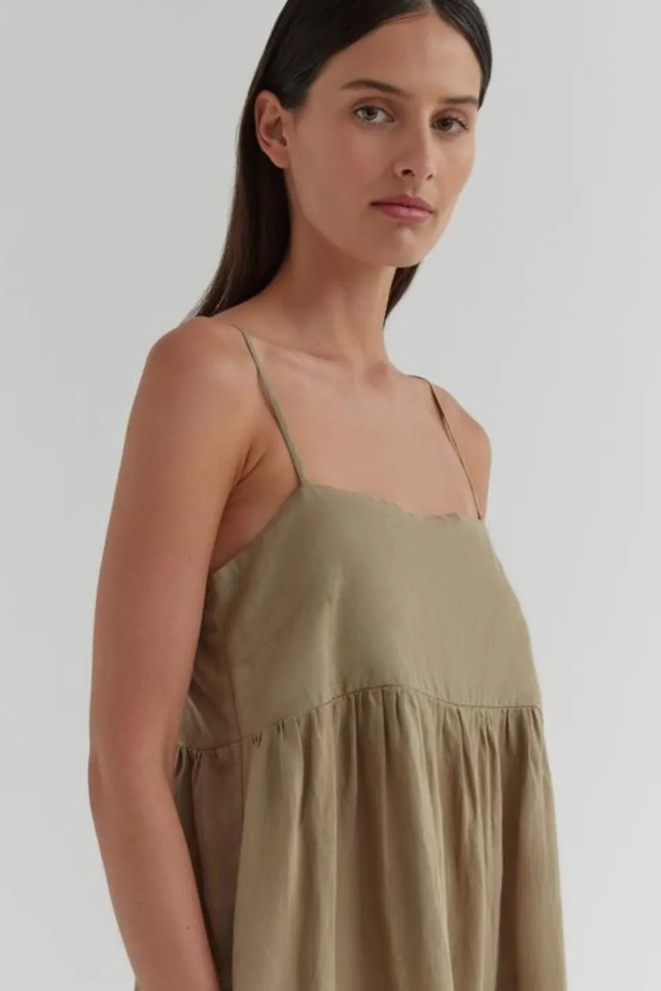 Willow Olive Strappy Tiered Midi Linen Dress