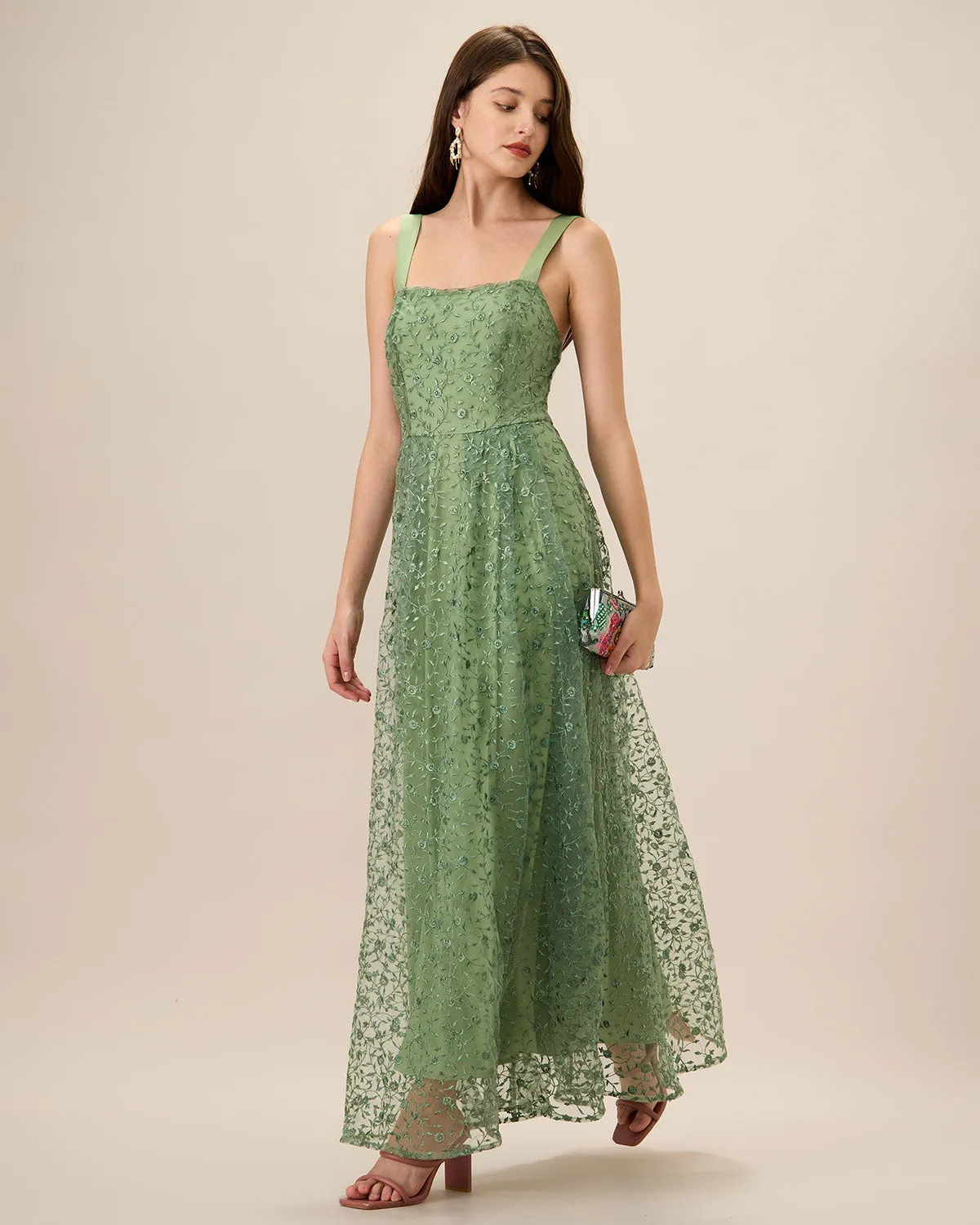 Women's Green Embroidery Mesh Slip Maxi Dress