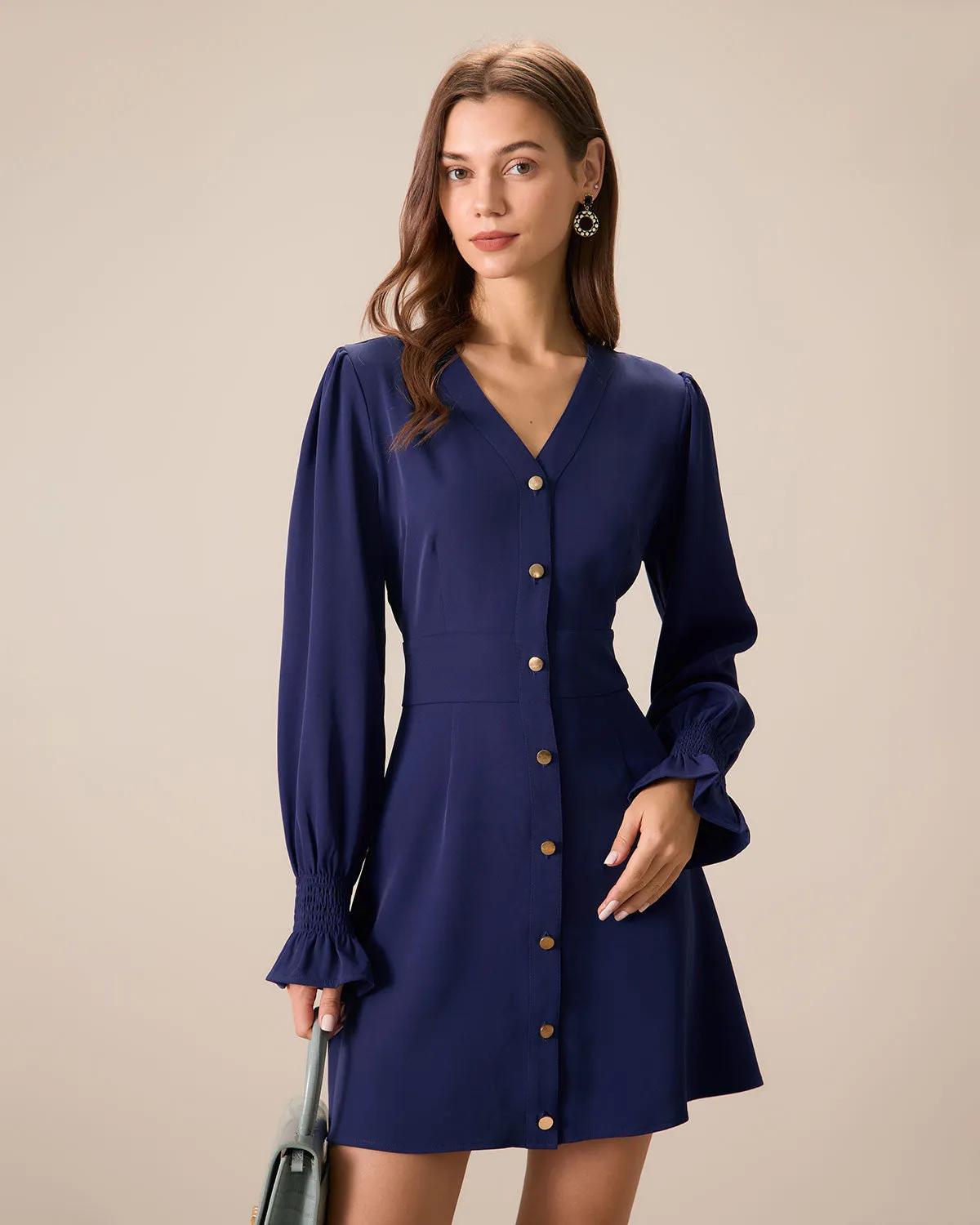 Women's Navy Ruffle Long Sleeve Mini Dress