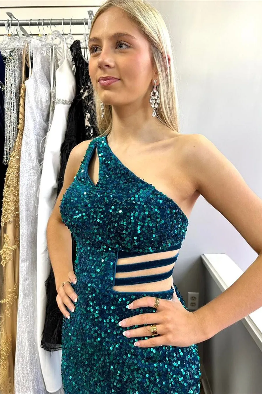 Xaviera | One-Shoulder Turquoise Sequin Keyhole Long Prom Dress with Slit