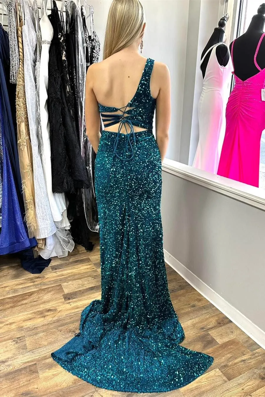 Xaviera | One-Shoulder Turquoise Sequin Keyhole Long Prom Dress with Slit