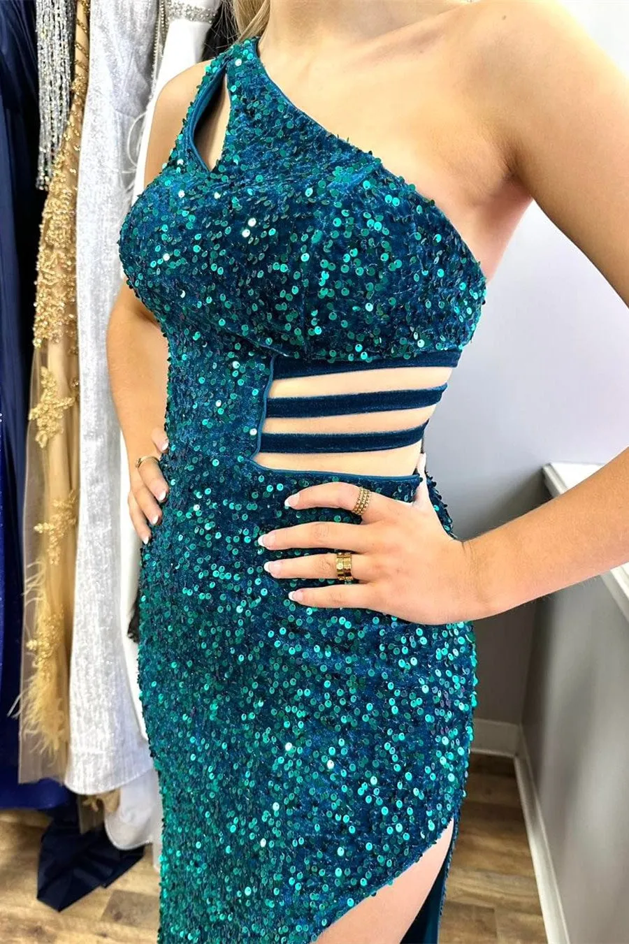 Xaviera | One-Shoulder Turquoise Sequin Keyhole Long Prom Dress with Slit